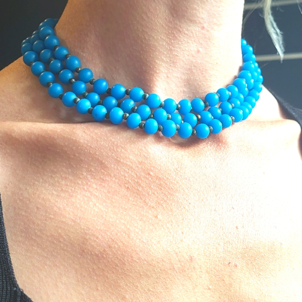 Reinad Signed Vintage 50's 3 strand Azure Blue Glass Bead Necklace